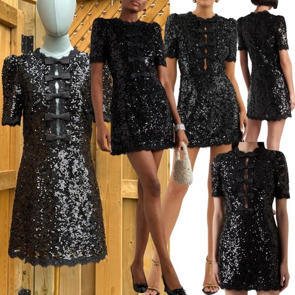 🆕 REBECCA VALLANCE 🧿 NWOT x Nicky Hilton Diana Black Bow Sequin Mini, Sz US 8 - Picture 1 of 17